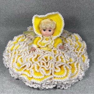 Vintage Bed Doll 13” Handmade Crochet Yellow‎ White Dress Bonnet Sleepy Eyes